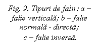 Text Box: Fig. 9. Tipuri de falii: a - falie verticala; b - falie normala - directa;
 c - falie inversa.
