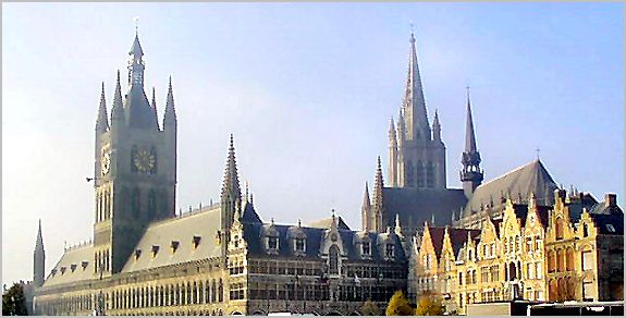 The Skyline of Ypres, with the Cloth Hall and the Cathedral.