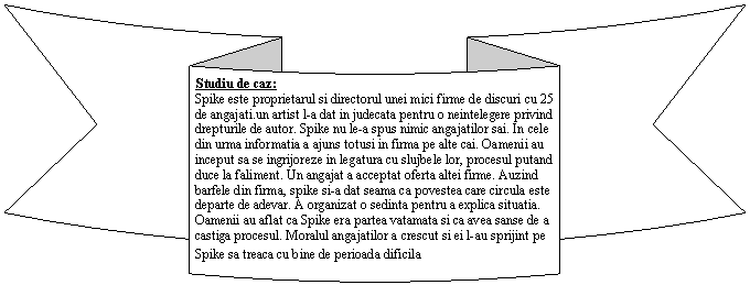 Curved Down Ribbon: Studiu de caz:
Spike este proprietarul si directorul unei mici firme de discuri cu 25 de angajati.un artist l-a dat in judecata pentru o neintelegere privind drepturile de autor. Spike nu le-a spus nimic angajatilor sai. In cele din urma informatia a ajuns totusi in firma pe alte cai. Oamenii au inceput sa se ingrijoreze in legatura cu slujbele lor, procesul putand duce la faliment. Un angajat a acceptat oferta altei firme. Auzind barfele din firma, spike si-a dat seama ca povestea care circula este departe de adevar. A organizat o sedinta pentru a explica situatia. Oamenii au aflat ca Spike era partea vatamata si ca avea sanse de a castiga procesul. Moralul angajatilor a crescut si ei l-au sprijint pe Spike sa treaca cu bine de perioada dificila
