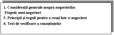 Text Box: 1. Consideratii generale asupra negocierilor
 Etapele unei negocieri
3. Principii si reguli pentru a reusi intr-o negociere
4. Test de verificare a cunostintelor
