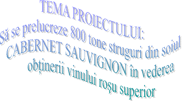 TEMA PROIECTULUI:
Sa se prelucreze 800 tone struguri din soiul 
CABERNET SAUVIGNON in vederea 
obtinerii vinului rosu superior