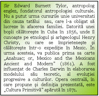 Text Box: Sir Edward Burnett Tylor, antropolog englez, fondatorul antropologiei culturale. Nu a putut urma cursurile unie universitati din cauza tatalui sau, care l-a obligat sa lucreze in afacerea familiei. Datorita unei bopli calatoreste in Cuba in 1856, unde il cunoaste pe etnologul si arhgeologul Henry Christy, cu care se imprieteneste si calatoreste intr-o expeditie in Mexic. In urma acesteia, va publica prima sa carte 