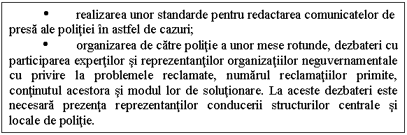 Text Box: Ÿ realizarea unor standarde pentru redactarea comunicatelor de presa ale politiei in astfel de cazuri;
Ÿ organizarea de catre politie a unor mese rotunde, dezbateri cu participarea expertilor si reprezentantilor organizatiilor neguvernamentale cu privire la problemele reclamate, numarul reclamatiilor primite, continutul acestora si modul lor de solutionare. La aceste dezbateri este necesara prezenta reprezentantilor conducerii structurilor centrale si locale de politie.
