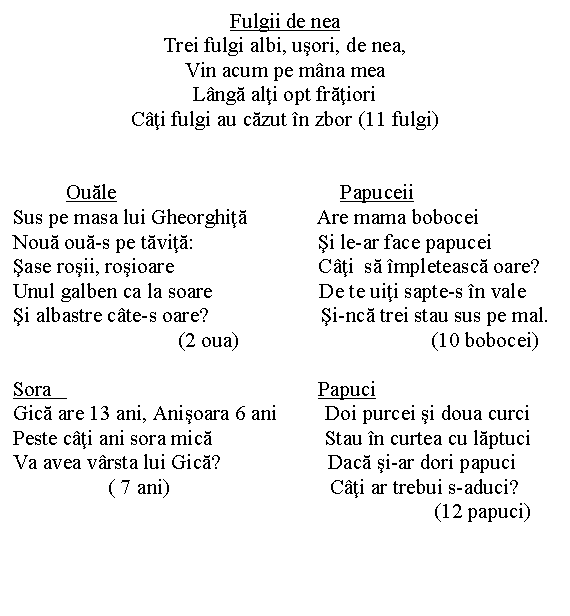 Text Box: Fulgii de nea
Trei fulgi albi, usori, de nea,
Vin acum pe mana mea
Langa alti opt fratiori
Cati fulgi au cazut in zbor (11 fulgi)


 Ouale Papuceii 
Sus pe masa lui Gheorghita Are mama bobocei
Noua oua-s pe tavita: Si le-ar face papucei
Sase rosii, rosioare Cati sa impleteasca oare?
Unul galben ca la soare De te uiti sapte-s in vale 
Si albastre cate-s oare? Si-nca trei stau sus pe mal.
 (2 oua) (10 bobocei)

Sora Papuci
Gica are 13 ani, Anisoara 6 ani Doi purcei si doua curci
Peste cati ani sora mica Stau in curtea cu laptuci
Va avea varsta lui Gica? Daca si-ar dori papuci
 ( 7 ani) Cati ar trebui s-aduci? 
 (12 papuci)
































































