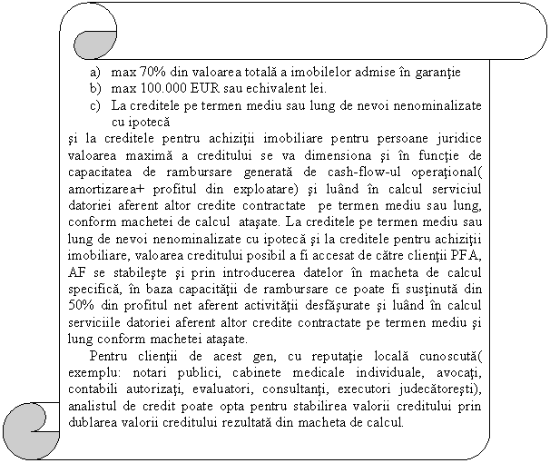 Vertical Scroll: a) max 70% din valoarea totala a imobilelor admise in garantie
b) max 100.000 EUR sau echivalent lei.
c) La creditele pe termen mediu sau lung de nevoi nenominalizate cu ipoteca 
si la creditele pentru achizitii imobiliare pentru persoane juridice valoarea maxima a creditului se va dimensiona si in functie de capacitatea de rambursare generata de cash-flow-ul operational( amortizarea+ profitul din exploatare) si luand in calcul serviciul datoriei aferent altor credite contractate pe termen mediu sau lung, conform machetei de calcul atasate. La creditele pe termen mediu sau lung de nevoi nenominalizate cu ipoteca si la creditele pentru achizitii imobiliare, valoarea creditului posibil a fi accesat de catre clientii PFA, AF se stabileste si prin introducerea datelor in macheta de calcul specifica, in baza capacitatii de rambursare ce poate fi sustinuta din 50% din profitul net aferent activitatii desfasurate si luand in calcul serviciile datoriei aferent altor credite contractate pe termen mediu si lung conform machetei atasate.
 Pentru clientii de acest gen, cu reputatie locala cunoscuta( exemplu: notari publici, cabinete medicale individuale, avocati, contabili autorizati, evaluatori, consultanti, executori judecatoresti), analistul de credit poate opta pentru stabilirea valorii creditului prin dublarea valorii creditului rezultata din macheta de calcul.

