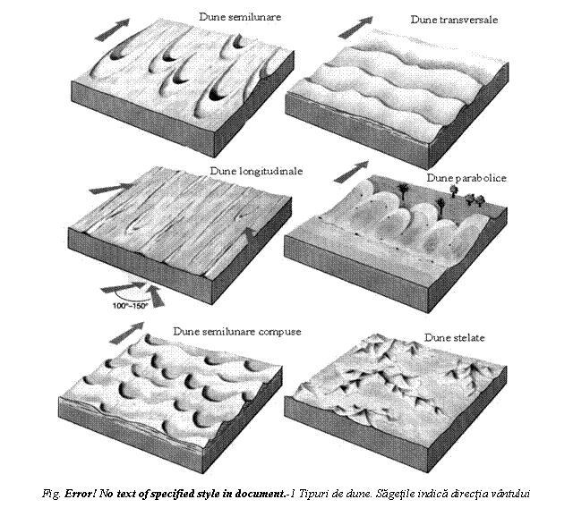 Text Box: 
Fig. Error! No text of specified style in document. 2 Tipuri de dune. Sagetile indica directia vantului

