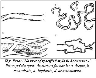 Text Box: 
Fig. Error! No text of specified style in document. 2 Principalele tipuri de cursuri fluviatile: a. drepte, b. meandrate, c. impletite, d. anastomozate.


