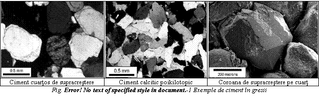 Text Box: 
Ciment cuartos de supracrestere Ciment calcitic poikilotopic Coroana de supracrestere pe cuart
Fig. Error! No text of specified style in document. 6 Exemple de ciment in gresii
