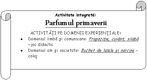 Horizontal Scroll: Activitate integrata:
Parfumul primaverii
ACTIVITATI PE DOMENII EXPERIENTIALE:
. Domeniul limba si comunicare: Propozitie, cuvant, silaba - joc didactic
. Domeniul om si societate: Buchet de lalele si narcise - colaj


