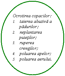 Oval: Ocrotirea copacilor:
1.	taierea abuziva a padurilor;
2.	neplantarea puietilor;
3.	ruperea crengilor;
4.	poluarea apelor;
5.	poluarea aerului. 

