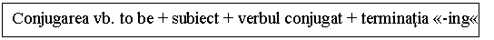 Text Box: Conjugarea vb. to be + subiect + verbul conjugat + terminatia -ing 