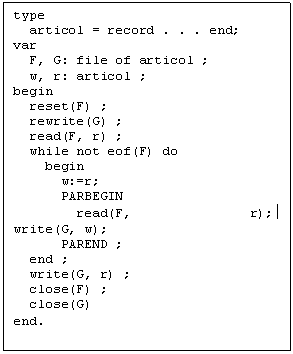 Text Box: type                          
  articol = record . . . end; 
var                           
  F, G: file of articol ;     
  w, r: articol ;             
begin                         
  reset(F) ;                  
  rewrite(G) ;                
  read(F, r) ;                
  while not eof(F) do         
    begin                     
      w:=r;                   
      PARBEGIN                
        read(F, r);       write(G, w);           
      PAREND ;                
  end ;                       
  write(G, r) ;               
  close(F) ;                  
  close(G)                    
end.                         
