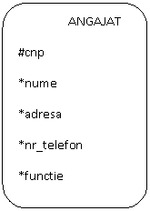 Rounded Rectangle:                  ANGAJAT
#cnp
*nume
*adresa
*nr_telefon
*functie
