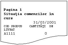 Flowchart: Document: 		        Pagina 1
Situatia comenzilor in curs
	       31/03/2001
COD PRODUS    CANTITATI  DE  LIVRAT
A1111			0
A2222			0
B1111			150
 . 			 . 
Z9999			1000

