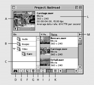 Illustration of Project window with these callouts: A. Thumbnail viewer B. Bins C. Clip D. Find E. New Bin F. Create Item G. Delete Selected Items H. Resize Bin Area I. Icon View J. Thumbnail View K. List View L. Clip information M. Project window menu 