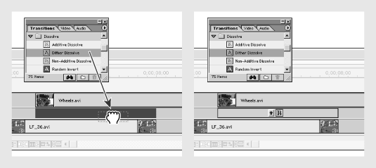 Transition placed (left) and automatically adjusted to fit overlapping area (right)