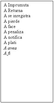 Text Box: A Imprumuta
A Returna
A se inregistra
A pierde
A face
A penaliza
A notifica
A plati
A avea
A fi


