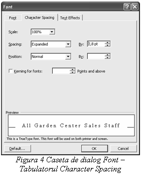 Text Box:  
Figura 4 Caseta de dialog Font - 
Tabulatorul Character Spacing
