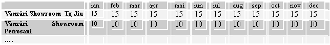 Text Box: ian feb mar apr mai iun iul aug sep oct nov dec
Vanzari Showroom Tg Jiu 15 15 15 15 15 15 15 15 15 15 15 15
Vanzari Showroom Petrosani 10 10 10 10 10 10 10 10 10 10 10 10
.. 
