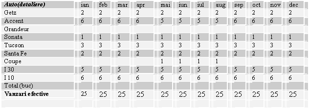 Text Box: Auto(detaliere) ian feb mar apr mai iun iul aug sep oct nov dec
Getz 2 2 2 2 2 2 2 2 2 2 2 2
Accent 6 6 6 6 5 5 5 5 6 6 6 6
Grandeur 
Sonata 1 1 1 1 1 1 1 1 1 1 1 1
Tucson 3 3 3 3 3 3 3 3 3 3 3 3
Santa Fe 2 2 2 2 2 2 2 2 2 2 2 2
Coupe 1 1 1 1 
I 30 5 5 5 5 5 5 5 5 5 5 5 5
I 10 6 6 6 6 6 6 6 6 6 6 6 6
Total (buc) 
Vanzari efective 25 25 25 25 25 25 25 25 25 25 25 25
 
