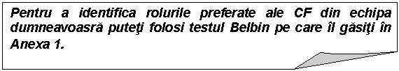 Folded Corner: Pentru a identifica rolurile preferate ale CF din echipa dumneavoasra puteti folosi testul Belbin pe care il gasiti in Anexa 1.