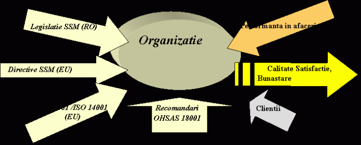 Right Arrow: Legislatie SSM (RO),Right Arrow: ISO 9001 /ISO 14001 (EU),Left Arrow: Performanta in afaceri,Left Arrow: Clientii,Striped Right Arrow: Calitate Satisfactie, Bunastare 