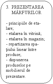 Rounded Rectangle: 3.  PREZENTAREA
     MARFURILOR

- principiile de eta-
lare;
- etalarea in vitrina;
- etalarea in magazin;
- repartizarea spa-
tiului linear intre produse;
- dispunerea produselor pe mobilierul de prezentare.
