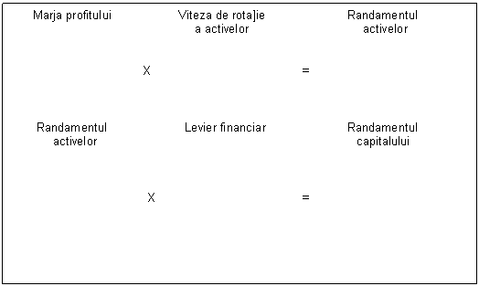 Text Box: Marja profitului Viteza de rota]ie Randamentul
 a activelor activelor
 

 X =
 
 Randamentul Levier financiar Randamentul 
 activelor capitalului X = 
