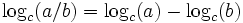  !, log_c (a / b) = log_c (a) - log_c (b) 