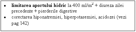 Text Box: . limitarea aportului hidric la 400 ml/m2 + diureza zilei precedente + pierderile digestive
. corectarea hiponatremiei, hiperpotasemiei, acidozei (vezi pag 142) 
