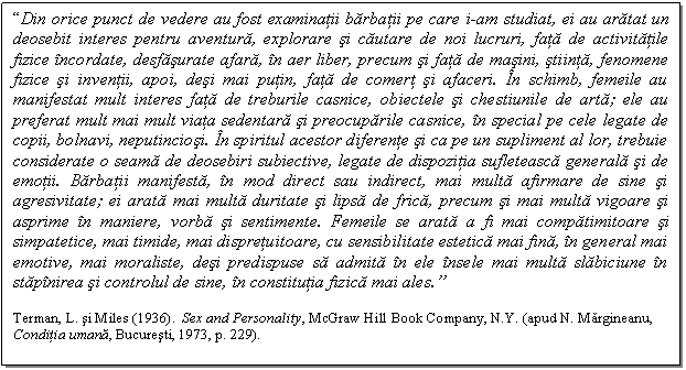 Text Box: Din orice punct de vedere au fost examinatii barbatii pe care i-am studiat, ei au aratat un deosebit interes pentru aventura, explorare si cautare de noi lucruri, fata de activitatile fizice incordate, desfasurate afara, in aer liber, precum si fata de masini, stiinta, fenomene fizice si inventii, apoi, desi mai putin, fata de comert si afaceri. In schimb, femeile au manifestat mult interes fata de treburile casnice, obiectele si chestiunile de arta; ele au preferat mult mai mult viata sedentara si preocuparile casnice, in special pe cele legate de copii, bolnavi, neputinciosi. In spiritul acestor diferente si ca pe un supliment al lor, trebuie considerate o seama de deosebiri subiective, legate de dispozitia sufleteasca generala si de emotii. Barbatii manifesta, in mod direct sau indirect, mai multa afirmare de sine si agresivitate; ei arata mai multa duritate si lipsa de frica, precum si mai multa vigoare si asprime in maniere, vorba si sentimente. Femeile se arata a fi mai compatimitoare si simpatetice, mai timide, mai dispretuitoare, cu sensibilitate estetica mai fina, in general mai emotive, mai moraliste, desi predispuse sa admita in ele insele mai multa slabiciune in stapinirea si controlul de sine, in constitutia fizica mai ales.

Terman, L. si Miles (1936). Sex and Personality, McGraw Hill Book Company, N.Y. (apud N. Margineanu, Conditia umana, Bucuresti, 1973, p. 229).


