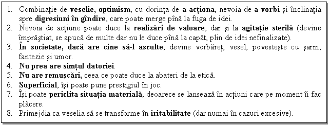 Text Box: 1. Combinatie de veselie, optimism, cu dorinta de a actiona, nevoia de a vorbi si inclinatia spre digresiuni in gindire, care poate merge pina la fuga de idei.
2. Nevoia de actiune poate duce la realizari de valoare, dar si la agitatie sterila (devine imprastiat, se apuca de multe dar nu le duce pina la capat, plin de idei nefinalizate).
3. In societate, daca are cine sa-l asculte, devine vorbaret, vesel, povesteste cu sarm, fantezie si umor.
4. Nu prea are simtul datoriei.
5. Nu are remuscari, ceea ce poate duce la abateri de la etica.
6. Superficial, isi poate pune prestigiul in joc.
7. Isi poate periclita situatia materiala, deoarece se lanseaza in actiuni care pe moment ii fac placere.
8. Primejdia ca veselia sa se transforme in iritabilitate (dar numai in cazuri excesive).


