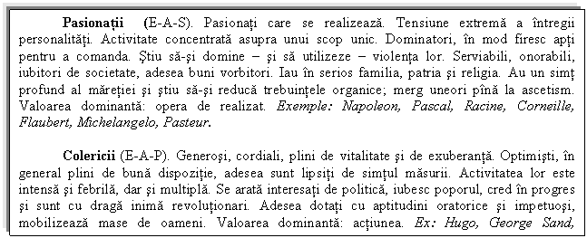 Text Box: Pasionatii (E-A-S). Pasionati care se realizeaza. Tensiune extrema a intregii personalitati. Activitate concentrata asupra unui scop unic. Dominatori, in mod firesc apti pentru a comanda. Stiu sa-si domine  si sa utilizeze  violenta lor. Serviabili, onorabili, iubitori de societate, adesea buni vorbitori. Iau in serios familia, patria si religia. Au un simt profund al maretiei si stiu sa-si reduca trebuintele organice; merg uneori pina la ascetism. Valoarea dominanta: opera de realizat. Exemple: Napoleon, Pascal, Racine, Corneille, Flaubert, Michelangelo, Pasteur.

 Colericii (E-A-P). Generosi, cordiali, plini de vitalitate si de exuberanta. Optimisti, in general plini de buna dispozitie, adesea sunt lipsiti de simtul masurii. Activitatea lor este intensa si febrila, dar si multipla. Se arata interesati de politica, iubesc poporul, cred in progres si sunt cu draga inima revolutionari. Adesea dotati cu aptitudini oratorice si impetuosi, mobilizeaza mase de oameni. Valoarea dominanta: actiunea. Ex: Hugo, George Sand, Gambetta, Petru cel Mare, Puschin, Pavlov.

