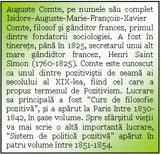 Text Box: Auguste Comte, pe numele sau complet Isidore-Auguste-Marie-Franois-Xavier Comte, filosof si ganditor francez, primul dintre fondatorii sociologiei. A fost in tinerete, pana in 1825, secretarul unui alt mare gandidtor francez, Henri Saint Simon (1760-1825). Comte este cunoscut ca unul dintre pozitivistii de seama ai secolului al XIX-lea, fiind cel care a propus termenul de Pozitivism. Lucrare sa principala a fost 