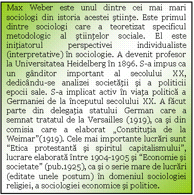 Text Box: Max Weber este unul dintre cei mai mari sociologi din istoria acestei stiinte. Este primul dintre sociologi care a teoretizat specificul metodologic al stiintelor sociale. El este initiatorul perspectivei individualiste (interpretative) in sociologie. A devenit profesor la Universitatea Heidelberg in 1896. S-a impus ca un ganditor important al secolului XX, dedicandu-se analizei societatii si a politicii epocii sale. S-a implicat activ in viata politica a Germaniei de la inceputul secolului XX. A facut parte din delegatia statului German care a semnat tratatul de la Versailles (1919), ca si din comisia care a elaborat 