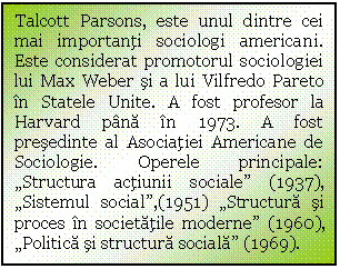 Text Box: Talcott Parsons, este unul dintre cei mai importanti sociologi americani. Este considerat promotorul sociologiei lui Max Weber si a lui Vilfredo Pareto in Statele Unite. A fost profesor la Harvard pana in 1973. A fost presedinte al Asociatiei Americane de Sociologie. Operele principale: 
