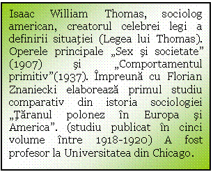 Text Box: Isaac William Thomas, sociolog american, creatorul celebrei legi a definirii situatiei (Legea lui Thomas). Operele principale 