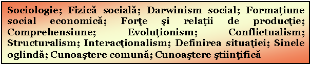 Text Box: Sociologie; Fizica sociala; Darwinism social; Formatiune social economica; Forte si relatii de productie; Comprehensiune; Evolutionism; Conflictualism; Structuralism; Interactionalism; Definirea situatiei; Sinele oglinda; Cunoastere comuna; Cunoastere stiintifica 