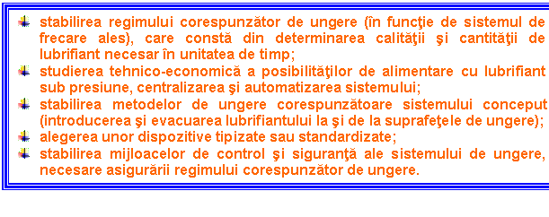 Text Box: stabilirea regimului corespunzator de ungere (in functie de sistemul de frecare ales), care consta din determinarea calitatii si cantitatii de lubrifiant necesar in unitatea de timp;
 studierea tehnico-economica a posibilitatilor de alimentare cu lubrifiant sub presiune, centralizarea si automatizarea sistemului;
 stabilirea metodelor de ungere corespunzatoare sistemului conceput (introducerea si evacuarea lubrifiantului la si de la suprafetele de ungere);
 alegerea unor dispozitive tipizate sau standardizate;
 stabilirea mijloacelor de control si siguranta ale sistemului de ungere, necesare asigurarii regimului corespunzator de ungere.
