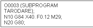 Text Box: O0003 (SUBPROGRAM TARODARE);
N10 G84 X40. F0.12 M29;
N20 G80;
N30 M30;
