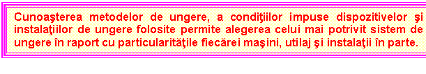Text Box: Cunoasterea metodelor de ungere, a conditiilor impuse dispozitivelor si instalatiilor de ungere folosite permite alegerea celui mai potrivit sistem de ungere in raport cu particularitatile fiecarei masini, utilaj si instalatii in parte.