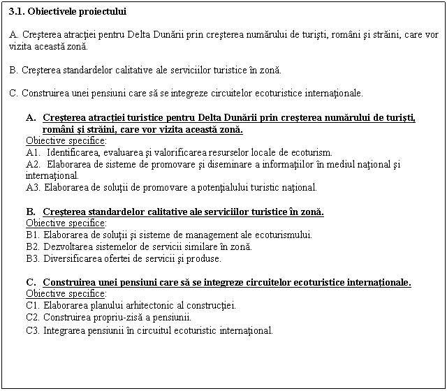 Text Box: 3.1. Obiectivele proiectului

A. Cresterea atractiei pentru Delta Dunarii prin cresterea numarului de turisti, romani si straini, care vor vizita aceasta zona.

B. Cresterea standardelor calitative ale serviciilor turistice in zona.

C. Construirea unei pensiuni care sa se integreze circuitelor ecoturistice internationale.

A. Cresterea atractiei turistice pentru Delta Dunarii prin cresterea numarului de turisti, romani si straini, care vor vizita aceasta zona.
Obiective specifice:
A1. Identificarea, evaluarea si valorificarea resurselor locale de ecoturism.
A2. Elaborarea de sisteme de promovare si diseminare a informatiilor in mediul national si international.
A3. Elaborarea de solutii de promovare a potentialului turistic national.

B. Cresterea standardelor calitative ale serviciilor turistice in zona.
Obiective specifice:
B1. Elaborarea de solutii si sisteme de management ale ecoturismului.
B2. Dezvoltarea sistemelor de servicii similare in zona.
B3. Diversificarea ofertei de servicii si produse.

C. Construirea unei pensiuni care sa se integreze circuitelor ecoturistice internationale.
Obiective specifice:
C1. Elaborarea planului arhitectonic al constructiei.
C2. Construirea propriu-zisa a pensiunii.
C3. Integrarea pensiunii in circuitul ecoturistic international. 
