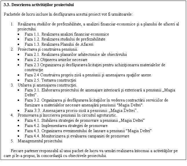 Text Box: 3.3. Descrierea activitatilor proiectului

Pachetele de lucru incluse in desfasurarea acestui proiect vot fi urmatoarele:

1. Realizarea studiilor de prefezabilitate, a analizei financiar-economice si a planului de afaceri al proiectului.
 Faza 1.1. Realizarea analizei financiar-economice
 Faza 1.2. Realizarea studiului de prefezabilitate
 Faza 1.3. Realizarea Planului de Afaceri
2. Proiectarea si construirea pensiunii.
 Faza 2.1. Realizarea planurilor arhitectonice ale obiectivului
 Faza 2.2 Obtinerea avizelor necesare
 Faza 2.3 Organizarea si desfasurarea licitatiei pentru achizitionarea materialelor de constructie
 Faza 2.4 Construirea propriu zisa a pensiunii si amenajarea spatiilor anexe.
 Faza 2.5. Testarea constructiei 
3. Utilarea si amenajarea constructiei.
 Faza 3.1. Elaborarea proiectului de amenajare interioara si exterioara a pensiunii Magia Deltei.
 Faza 3.2. Organizarea si desfasurarea licitatiilor in vederea contractarii serviciilor de furnizare a materialelor necesare amenajarii pensiunii 'Magia Deltei'. 
 Faza 3.3. Amenajarea proriu-zisa a pensiunii Magia Deltei. 
4. Promovarea si inscrierea pensiunii in circuitul agroturistic.
 Faza 4.1. Stabilirea strategiei de promovare a pensiunii Magia Deltei
 Faza 4.2. Implementarea strategiei de promovare
 Faza 4.3. Organizarea evenimentului de lansare a pensiunii Magia Deltei
 Faza 4.4. Monitorizarea si evaluarea campaniei de promovare
5. Managementul proiectului

Fiecare partener responsabil al unui pachet de lucru va urmari realizarea intocmai a activitatilor pe care si le-a propus, in concordanta cu obiectivele proiectului.
